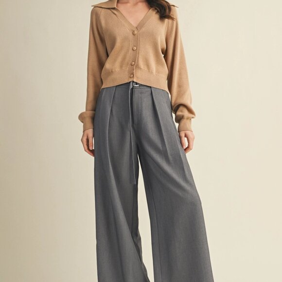 Erika Wide Collar Sweater Cardigan | Women's Tan Button Up Shirt | Beige Neutral - Picture 3 of 10